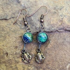 Chrysocolla & Frog Charm Earrings